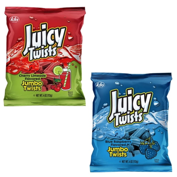 2 Pack Juicy Twists Soft Licorice Candy Variety Pack, Cherry Limeade & Blue Raspberry, 4 oz Bags, Fruity Chewy Twists Candy Snack Pack