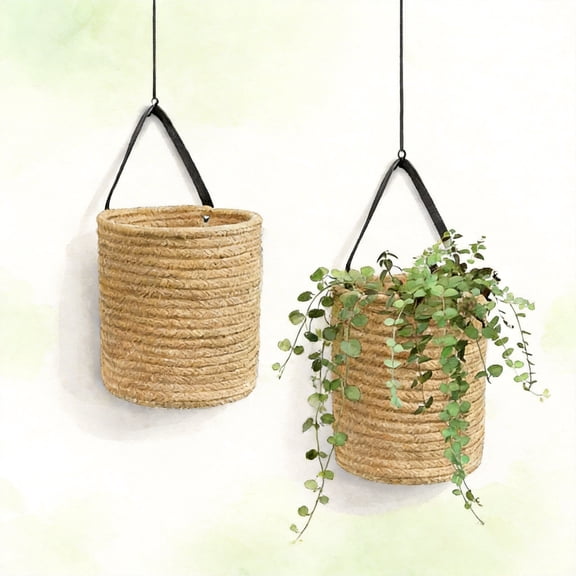 2 Pack Jute Hanging Baskets, Small Woven Rope Wall Baskets for Plants and Flowers, Boho Decorative Hanging Storage Organizer for Kitchen, Bathroom, and Nursery, Natural Brown