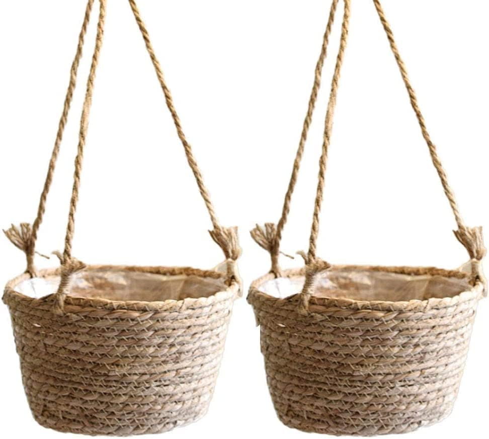 2 Pack Jute Rope Hanging Planter Basket with Rattan Woven Design, Includes Plastic Liner and Macrame Plant Holder, Suitable for Indoor and Outdoor Use