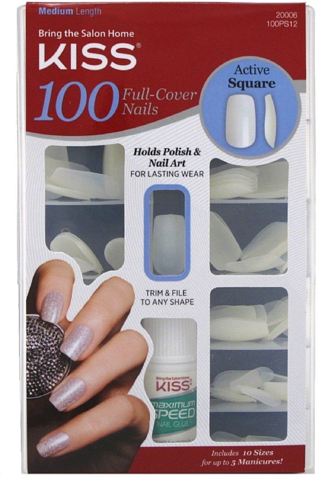 KISS Nails Medium Length Fake Acrylic Nails Kit, Square Shape, Pack of ...