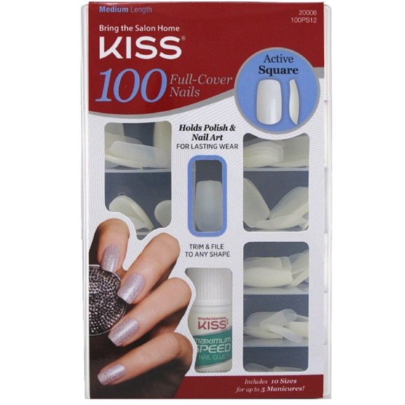 2 Pack - KISS Nails 100 Full Cover Medium Length Nails Kit, Active Square 1 ea