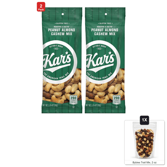 2 Pack | Kar's Nuts Peanut Almond Cashew Mixed Nuts, 72 Bags x 1.75 oz Each, with Bybies Trail Mix, 2 oz