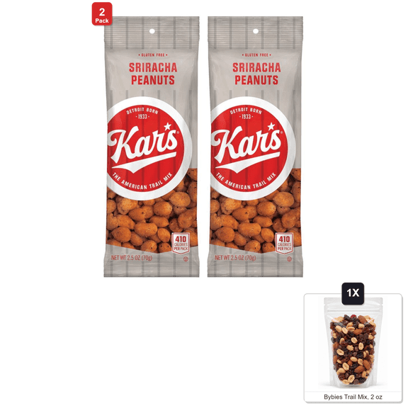 2 Pack | Kar's Nuts Sriracha Peanuts, 12 Bags x 2.5 oz Each, with Bybies Trail Mix, 2 oz