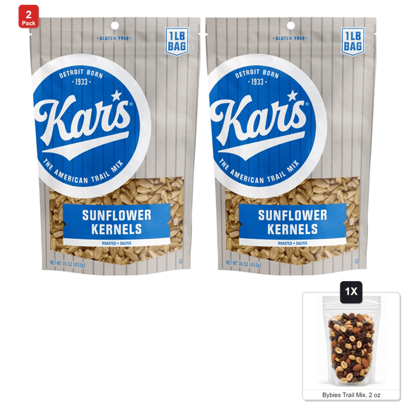 2 Pack | Kar's Nuts Sunflower Kernels, Roasted and Lightly Salted, 6 Bags x 16 oz Each, with Bybies Trail Mix, 2 oz