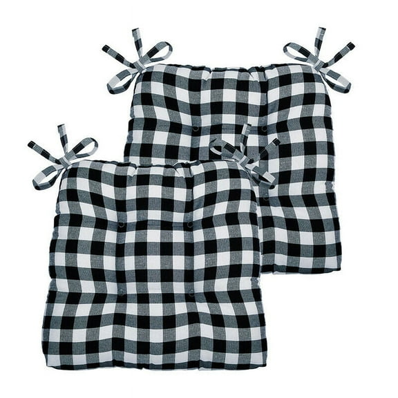 2 Pack Kate Aurora Country Living Plush Gingham Plaid Checkered Country Farmhouse Chair Cushions/Pads With Tear Proof Ties - Black/White