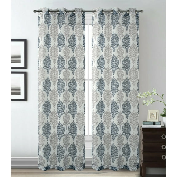 2 Pack Kate Aurora Sparkle Sheer Damask Design Grommet Top Curtains - Navy/Silver