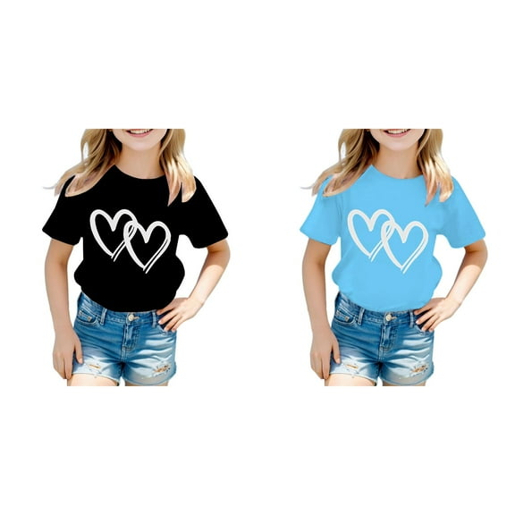 (2-Pack) Kcodviy Kid Girls Cute Graphic 2T Girls Undershirts Round Neck Short Sleeve Kids Long Sleeve Shirts Tee Summer Casual Shirt