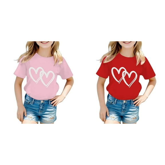 (2-Pack) Kcodviy Kid Girls Cute Graphic Strapless Shirts for Girls Round Neck Short Sleeve Toddler T Shirt Pack Tee Summer Casual Shirt
