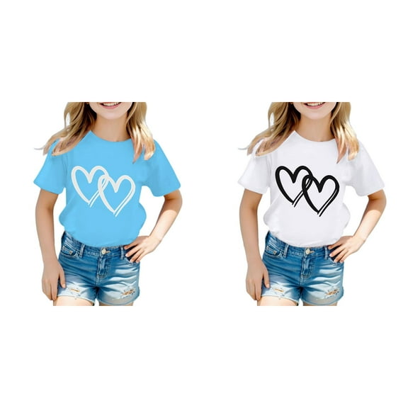 (2-Pack) Kcodviy Kid Girls Cute Graphic Toddler Rainbow Shirt Round Neck Short Sleeve Ruffle Tee Summer Casual Shirt