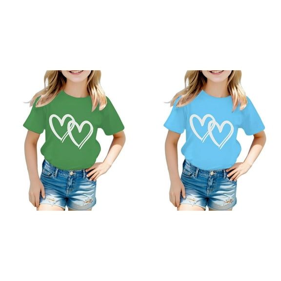 (2-Pack) Kcodviy Kid Girls Cute Graphic Youth Girls Shirt Round Neck Short Sleeve Kids Long Sleeve Shirts Tee Summer Casual Shirt