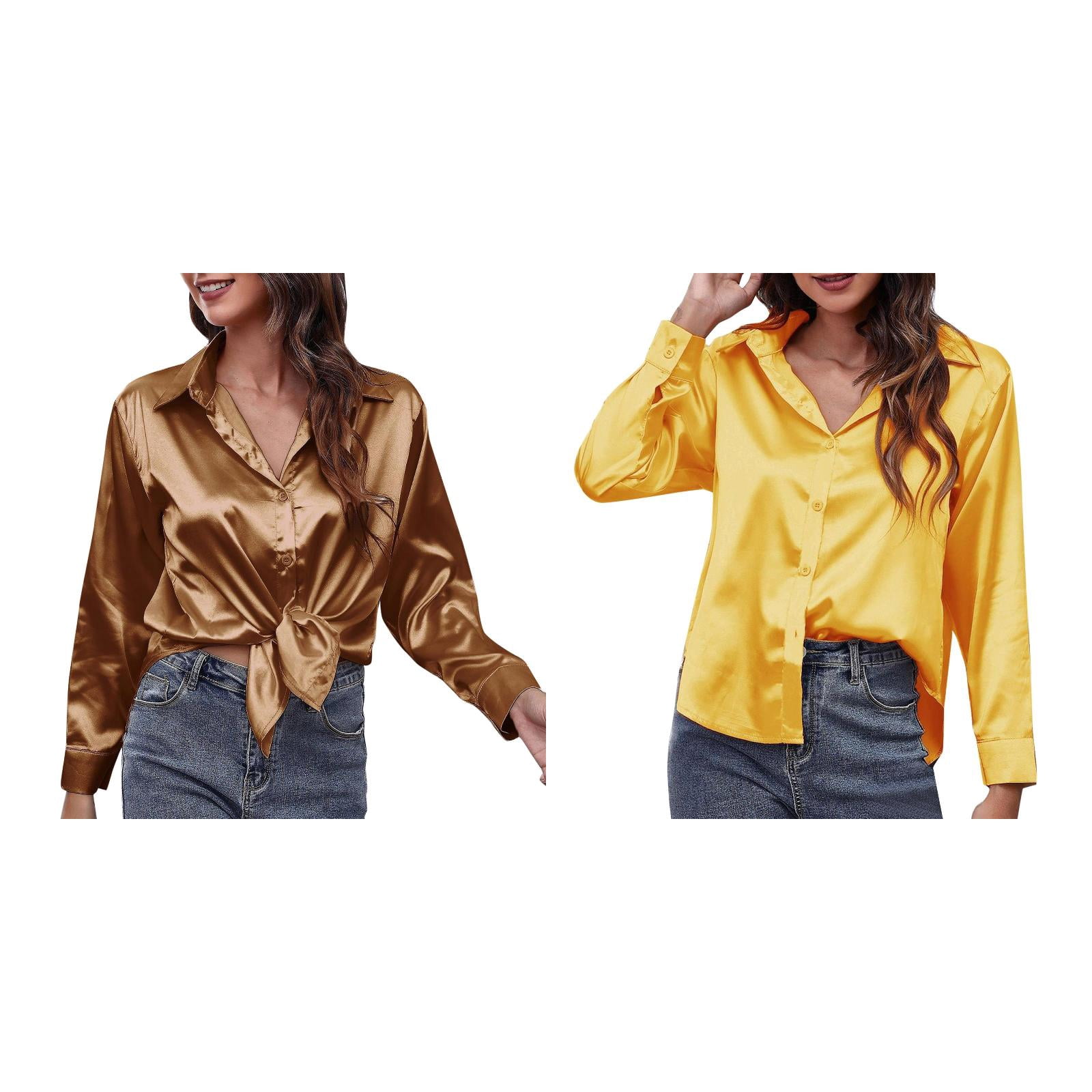 (2-Pack) Kcodviy Satin Shirt Women's Satin Long Sleeve Summer Shirts ...