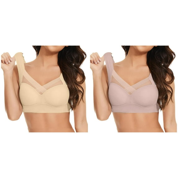 (2-Pack) Kcodviy Women's Large Strapless Lace Wireless Bras for Women Support Tank Top Underwear Thin Womens Bra Pack Side Fold Side Women Bra Set and Underwear Plus Size Gather Adjustable Br
