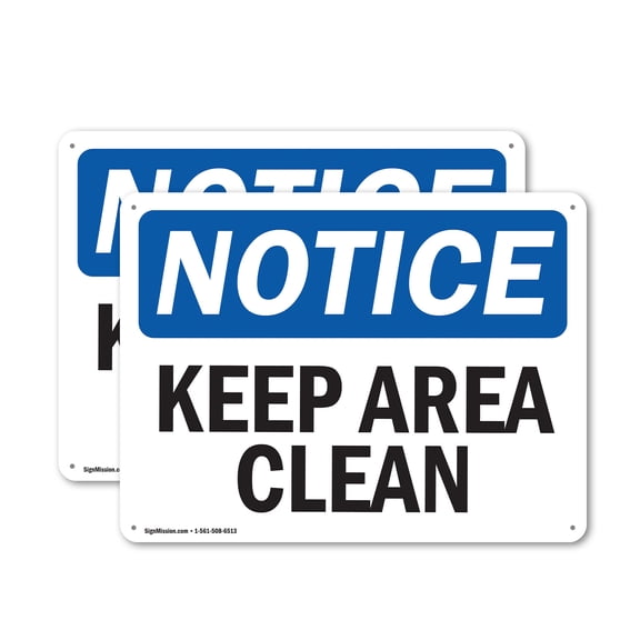 (2 Pack) Keep Area Clean OSHA Notice Sign 10 Inch X 7 Inch Plastic Sign, Weather Resistant, UV Protected for Workplace, Business, and Construction Site, Made in the USA