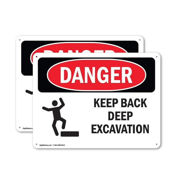(2 Pack) Keep Back Deep Excavation OSHA Danger Sign 24 Inch X 18 Inch Indoor / Outdoor Rust-Free Aluminum Metal Signs for Workplace, Workshop, and Construction Site, Made in the USA