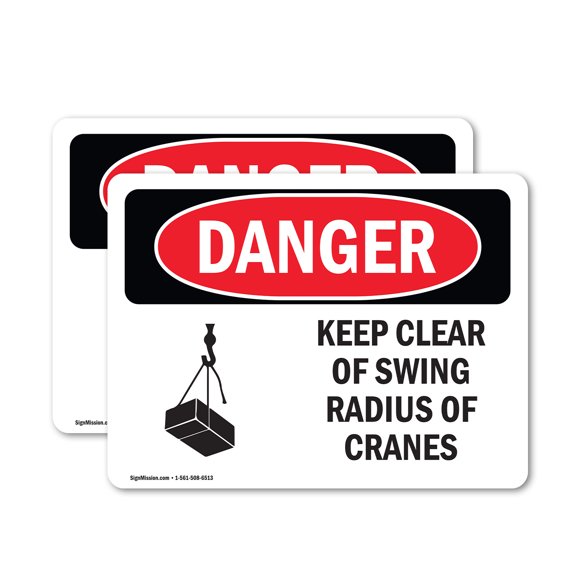 (2 Pack) Keep Clear Of Swing Radius Of Cranes OSHA Danger Sign 24 Inch X 18 Inch Vinyl Label Decal Sticker Weather Resistant, UV Protected for Workplace, Business, and Construction