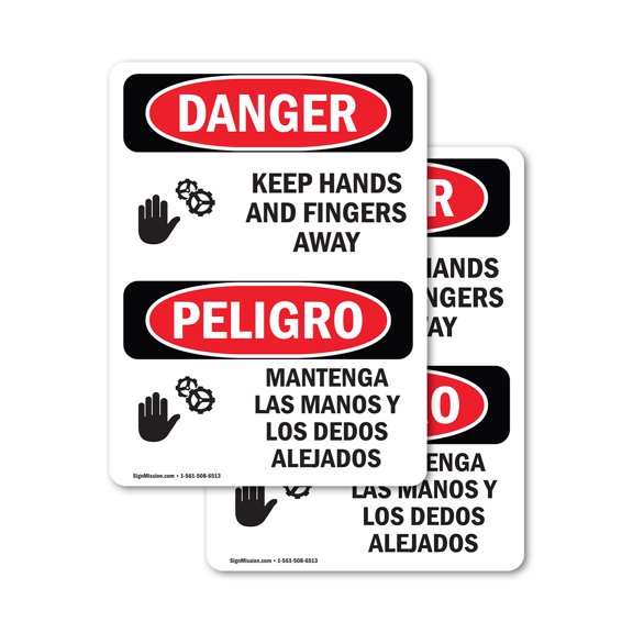 (2 Pack) Keep Hands And Fingers Away Bilingual OSHA Danger Sign
