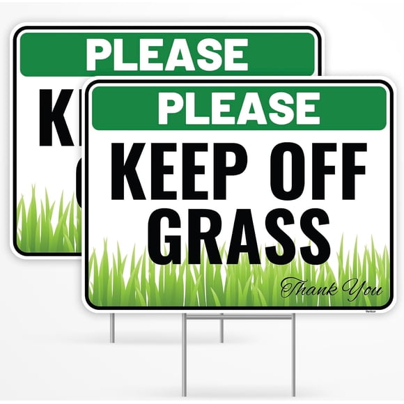 2 Pack Keep Off Grass Sign with Metal Stakes, 12"x8" - Corrugated Plastic - Please Stay Off Dont Walk On Lawn Yard Sign/Without a frame