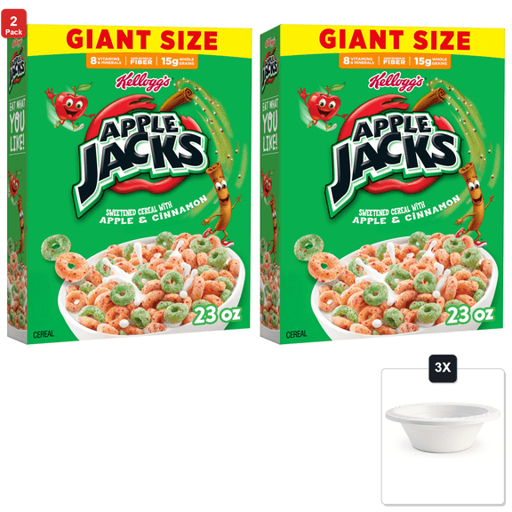 2 Pack | KelloggS Apple Jacks Breakfast Cereal, Giant Size, Original, 23 oz & 3x 12oz Disposable Plastic Bowl
