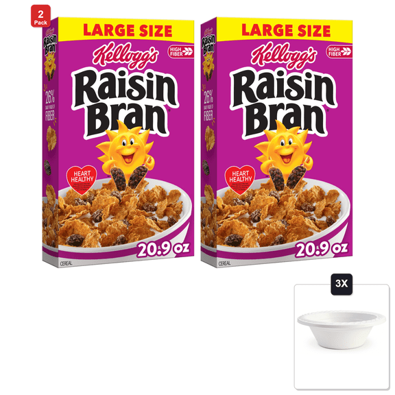 2 Pack | KelloggS Raisin Bran Breakfast Cereal, Large Size, 20.9 oz & 3x 12oz Disposable Plastic Bowl