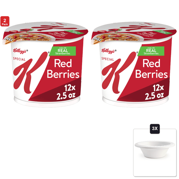 2 Pack | KelloggS Special K Breakfast Cereal Cups, Red Berries, 30 oz (12 Cups) & 3x 12oz Disposable Plastic Bowl