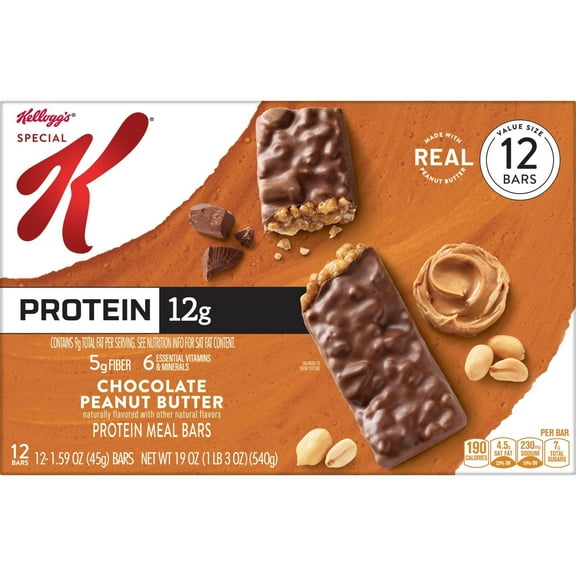 2 Pack - Kellogg's Special K Chocolate Peanut Butter Protein Meal Bars, 19 oz - 12 ct Packaging may vary