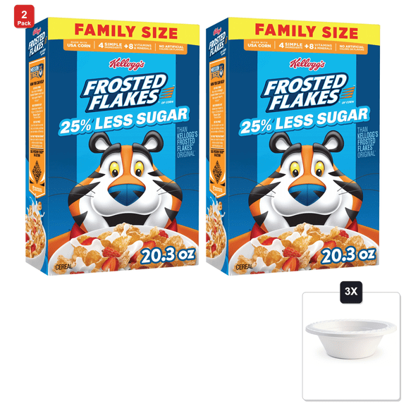 2 Pack | Kelloggs Frosted Flakes 25% Less Sugar Breakfast Cereal, Family Size, 20.3 oz & 3x 12oz Disposable Plastic Bowl