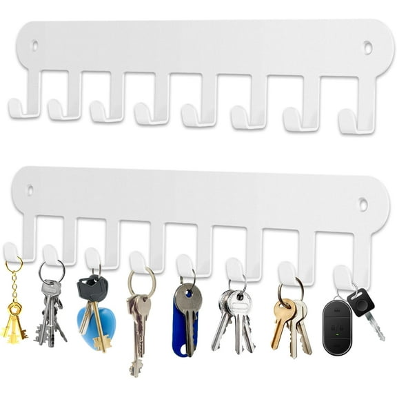 2 Pack Key Holder Wall Mount, Wall Mount Key Holder, Key Hooks Hanging Keys, Key Hanger with 8 Hooks, No-Drill Decorative White Key Rack for Living Room, Kitchen, or Bathroom