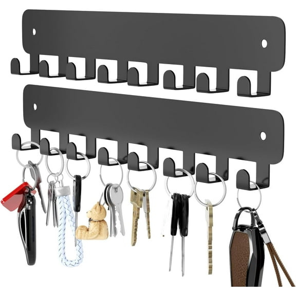 2 Pack Key Holder for Wall Adhesive, Key Hooks with 8 Hooks Wall Mounted, Black Key Hangers No Drill for Living Room, Kitchen, Office