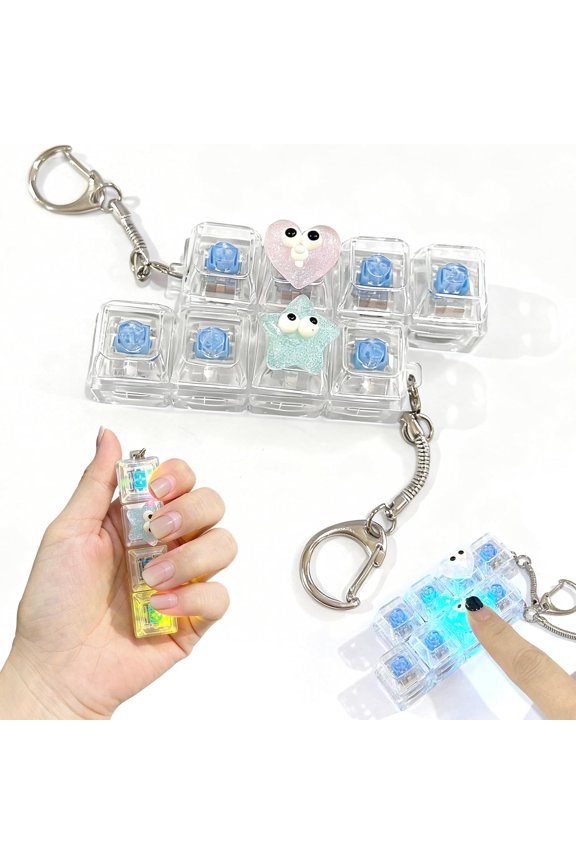 2 Pack Keyboard Fidget Keychain with Colorful LED Lights, 4-in-1 Stress Clicker Toy, Keyboard Button for Anxiety Relief,Decompression Toy for Adults ((Black+White) Transparent)