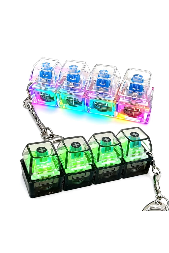 2 Pack Keyboard Fidget Keychain with LED Lights, 4-in-1 Stress Relief Clicker Toy, Keyboard Button Finger Clicker for Anxiety Relief, Sensory Decompression Toy for Kids & Adults (Transparent)