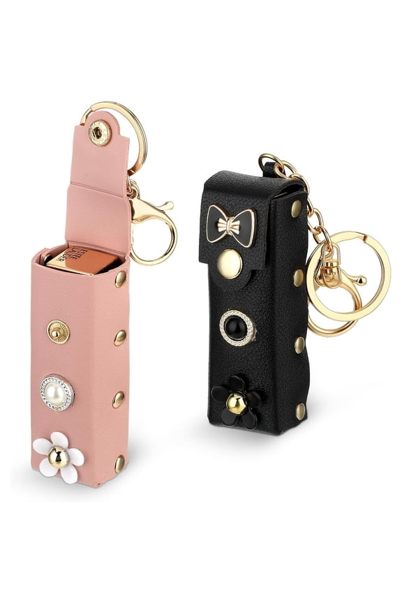 2 Pack Keychain Chapstick Holder, Pu Leather Chapstick Holder Keychain, Lip Balm Holder Keychain, Lipstick Holder Keychain with Metal Key Ring for Travel Carry Lipstick(Pink, Black)
