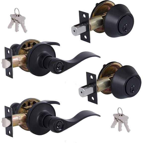 (2 Pack) Keyed Alike Front Door Lever Lockset with Single Cylinder Deadbolt Combination Set, Wave Style Lever, Front Door/Exterior Door Knob with Lock and Deadbolt, Classic Matte Black Finished