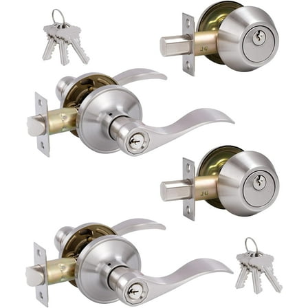(2 Pack) Keyed Alike Front Door Lever Lockset with Single Cylinder Deadbolt Combination Set， Wave Style Lever, Front Door/Exterior Door Knob with Lock and Deadbolt， Satin Nickel Finished
