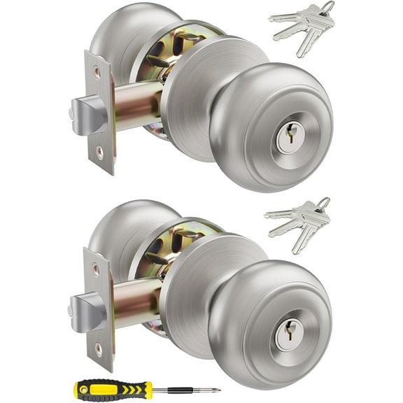 2 Pack Keyed Entry Door Knob Set - Satin Nickel | All Keyed Same | Stainless Steel | Front/Entrance Door Security Locks