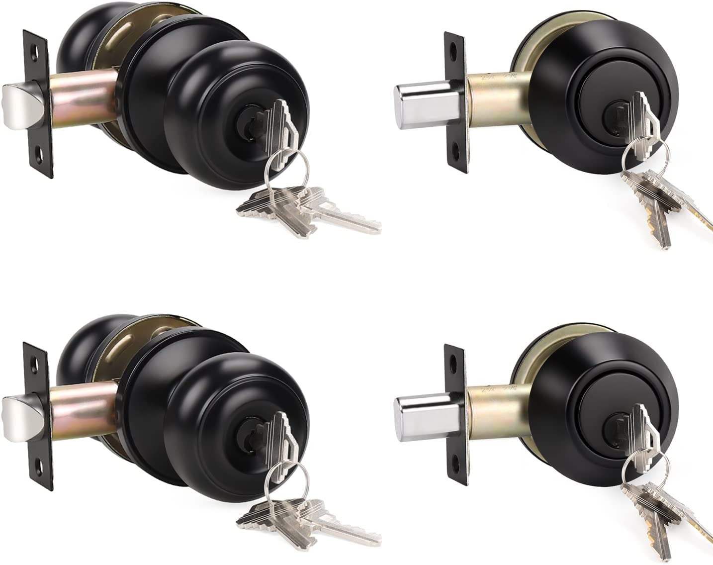 2 Pack All Keyed Same Entry Door Knob and Single Cylinder Deadbolt Combo Set, Black Exterior Door Knobs with Lock and Key for Entrance and Front Door, Keyed Alike Deadbolt and Door Knob Set