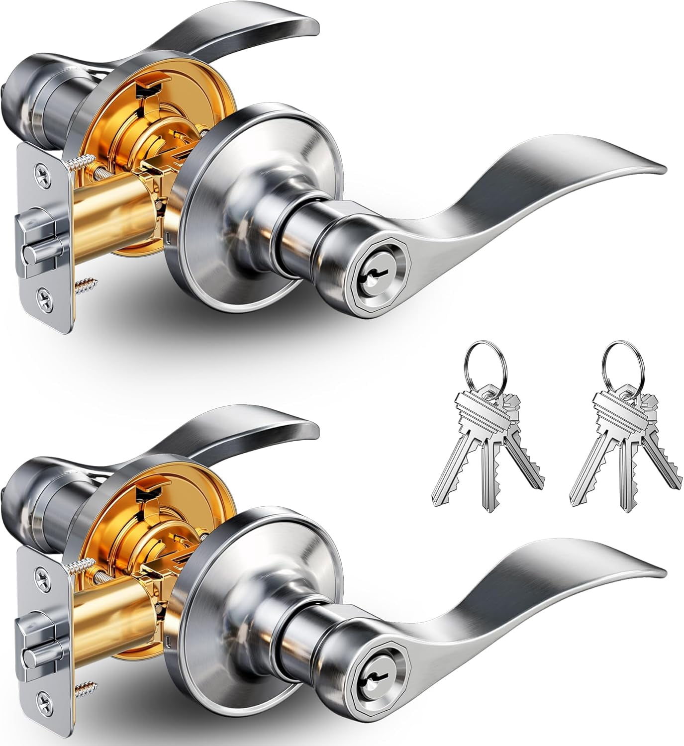 2 Pack Keyed Entry Door Lever, Same Key Wave Handle Lock for Exterior & Interior Door, Door Knobs with Lock and Key, Rust-Proof Bedroom Door Lock, Zinc Alloy Right Left Handed, Satin Nickel