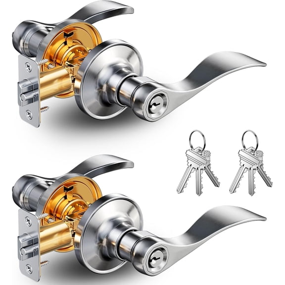 2 Pack Keyed Entry Door Lever, Same Key Wave Handle Lock for Exterior & Interior Door, Door Knobs with Lock and Key, Rust-Proof Bedroom Door Lock, Zinc Alloy Right Left Handed, Satin Nickel