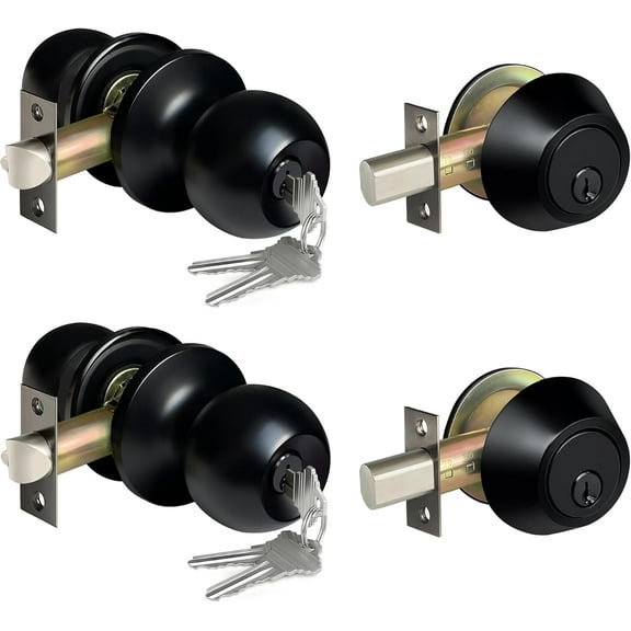 2 Pack Keyed Same Exterior Door Knobs and Single Cylinder Deadbolts Combo Set, Keyed Alike Entry Door Knobs with Locks and Keys for Entrance and Front Door, Matte Black