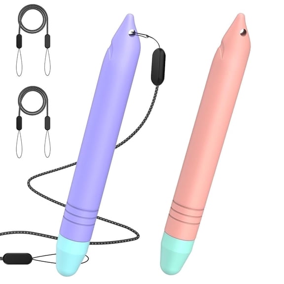 MEKO 2 Pack Kid-Friendly Stylus Pens for Touchscreen Devices – Durable, Comfortable, with Anti-Drop Cords (Pink & Purple)