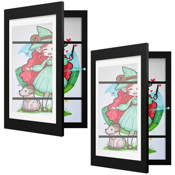 2 Pack Kid's Art Frame Front Opening, A4 Artwork Frame Changeable| Hinged Wooden Frame for Picture Display, Drawing Storage