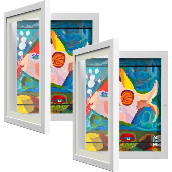 2 Pack Kids Art Frame, Kids Artwork Frames Changeable 8 x10.5 with Mat and 9 x12 Without Mat, White Front Opening Children Picture Storage Frame for Wall Holds 50Pcs Crafts, Drawing, Art Projects