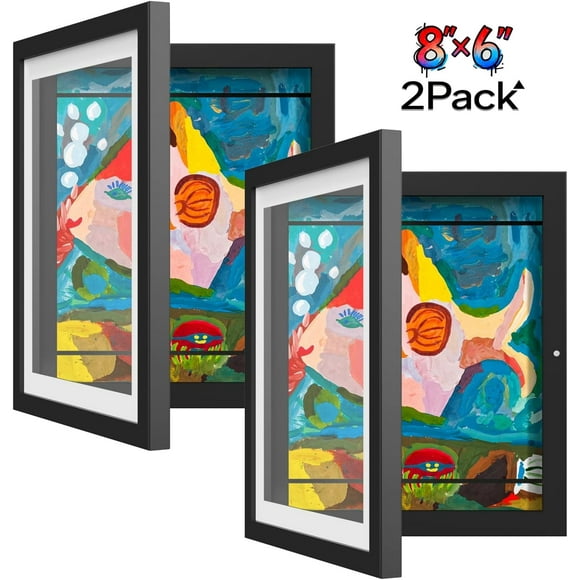 USIONE 2 Pack Kids Art Frames 8x6" | Black Front-Opening Changeable Storage Frame for Wall, Holds 50+ Crafts & Drawings