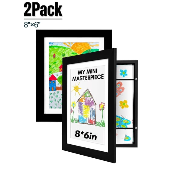USIONE 2 Pack Kids Art Frames 8x6" | Black Front-Opening Changeable Storage Frame for Wall, Holds 50+ Crafts & Drawings