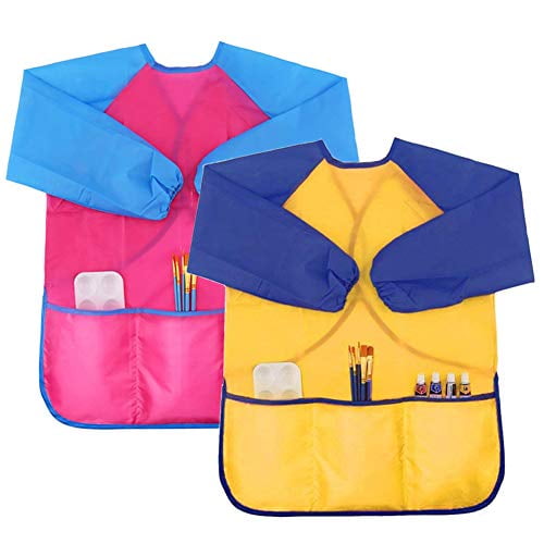 2 Pack Kids Art Smock Colorful Waterproof Children Art Aprons Artist Painting Aprons with Long Sleeve 3 Roomy Pockets for Age 3-7 Years,Yellow and Pink