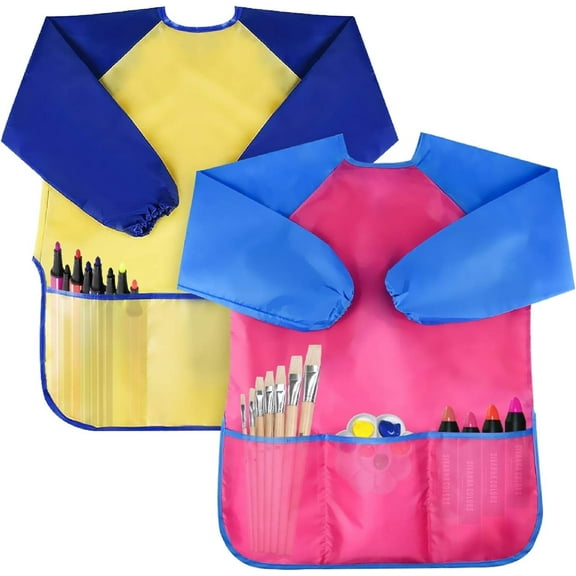 2 Pack Kids Art Smocks Toddler Smock Waterproof Artist Painting Aprons Long Sleeve with 3 Pockets for Age 2-8 Years
