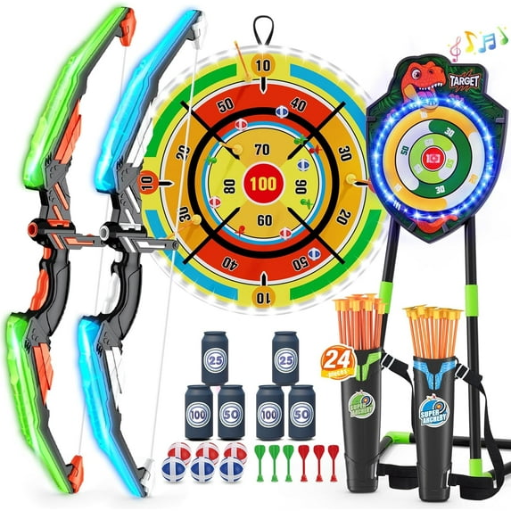 2 Pack Kids Bow and Arrow with 29" Large Dart Board, LED Light Up Archery Set with 24 Suction Cup Arrows, Indoor Outdoor Sport Dinosaur Toys Gifts for 3 4 5 6 7 8 9 10 11 12 Year Old Boys Girls