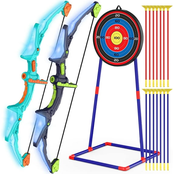 2 Pack Kids Bow and Arrow Set with LED Flash Lights, 14 Suction Cup Arrows and Fluorescence Standing Target-Perfect Indoor and Outdoor Game Archery Set Toy Gift for 4 5 6 7 8-12 Year Old Boys