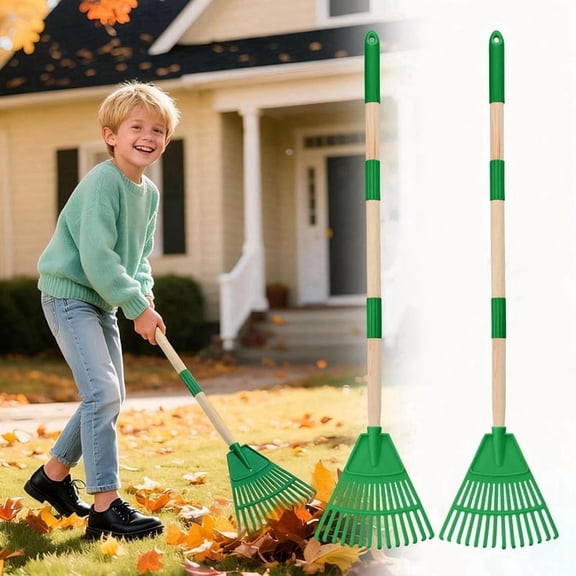 Kids Garden Rake Set - 2-Pack 34-Inch Light Plastic Rakes with Wood Handles for Leaves