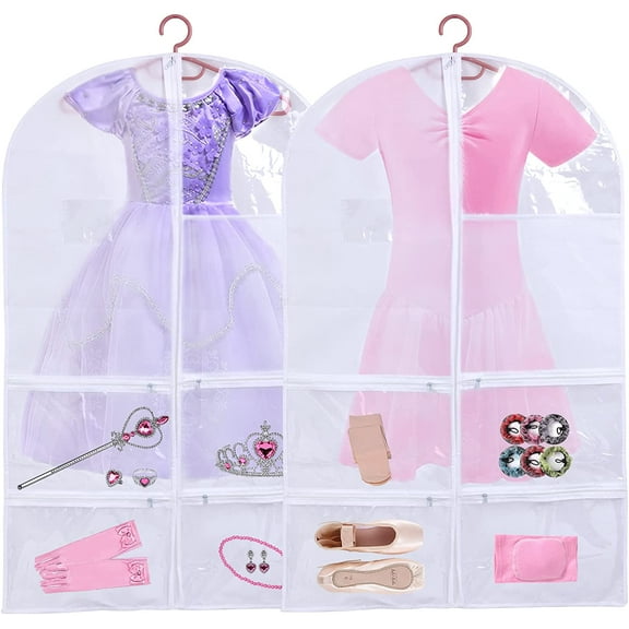 2 Pack Kids Garment Bags for Dance Costumes, Hanging Dance Garment Bag with Multiple Pockets, Clear Storage Bags Organize Girls Dance Competitions Dress, Dance Recitals, Ballet Costume
