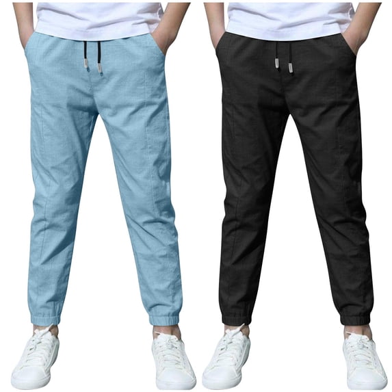 2 Pack Kids Joggers with Pockets on Clearance Boy's Casual Pants Linen Cotton Cargo Pants Hiking Outdoor Trousers Drawstring Waist Sweatpants New Black 5 Years